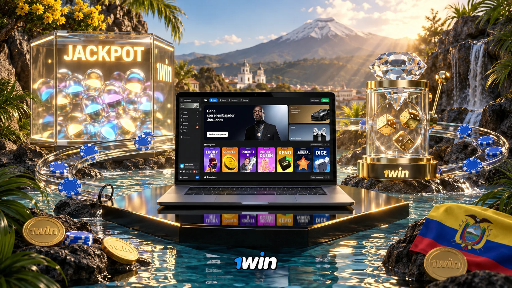 Lobby de 1Win Casino Ecuador con slots y juegos crash en portátil